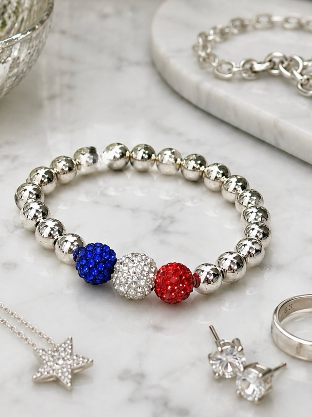 Hand Crafted Sterling Silver Crystal Rhinestone Ball Patriotic Bracelet
